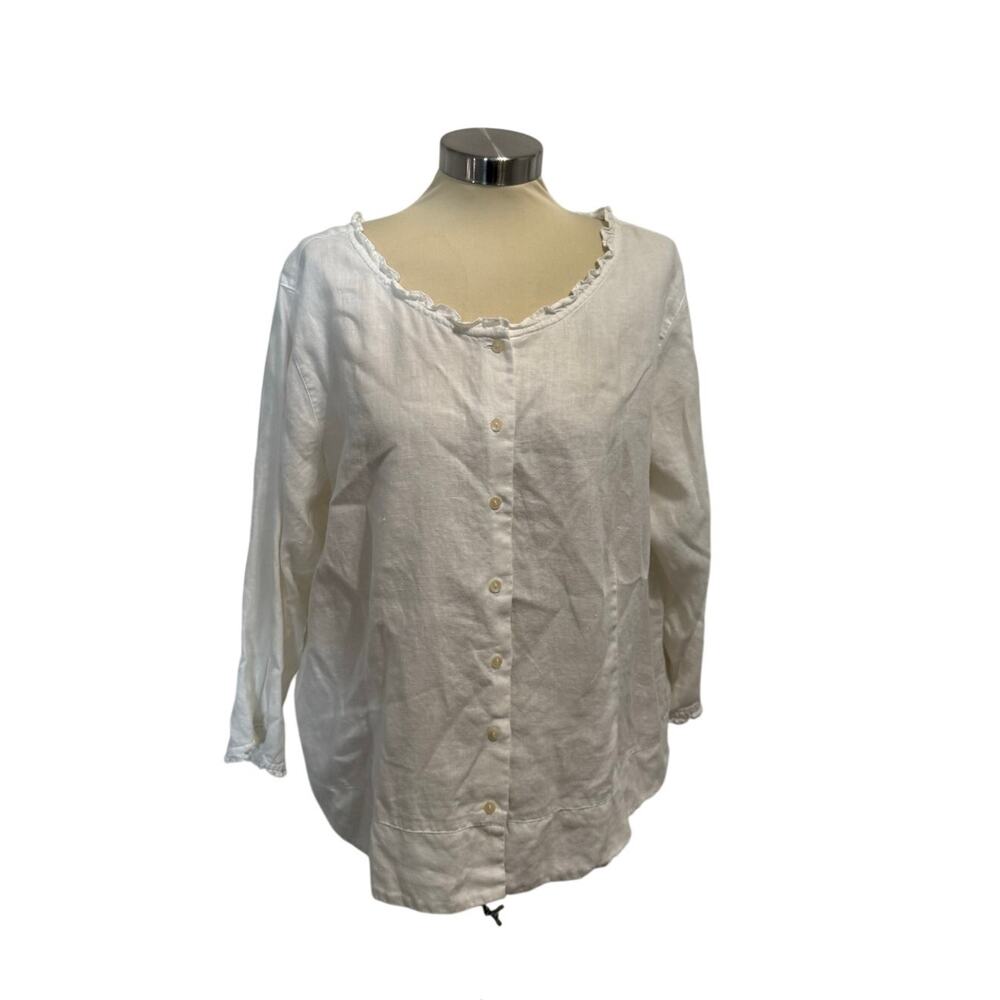Eddie Bauer Vintage Ruffle Trim Blouse 2X White | Linen Top | Cottagecore Style